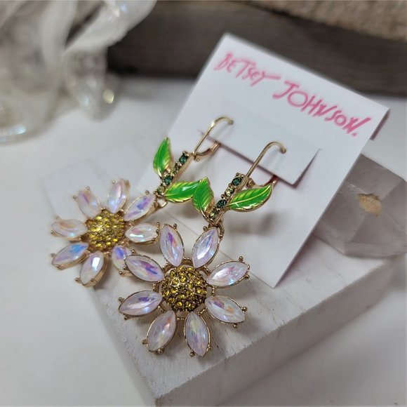 Betsey Johnson Rhinestone Flower Earrings Pierced Levier Backs - Picture 6 of 8